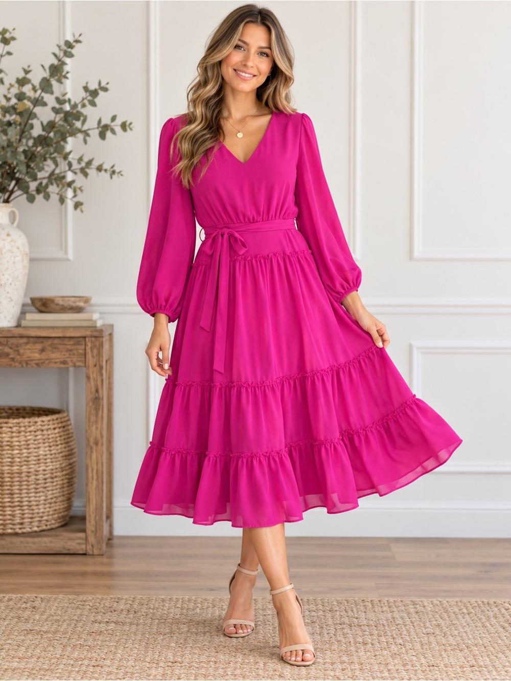 Julian Taylor New York Fuchsia Tiered Midi Dress Size 14
